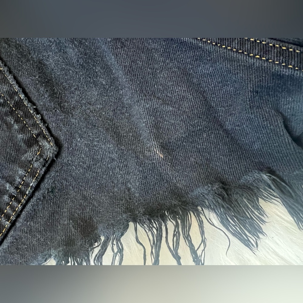 American Vintage Black Distressed Denim Shorts, Black-and-White Checkered Trim - Picture 10 of 10
